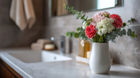 A beautiful vase filled with fresh flowers, placed near a sleek bathroom sink, with the floral arrangement adding vibrancy to the minimalist bathroom dcorの素材
