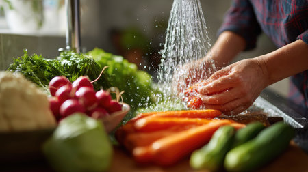 Young home cook preparing to make a healthy dish, washing seasonal vegetables under running waterの素材