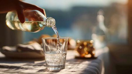 Woman gently pouring chilled water from a glass bottle into a clear drinking glass, placed on a dining table with morning lightの素材