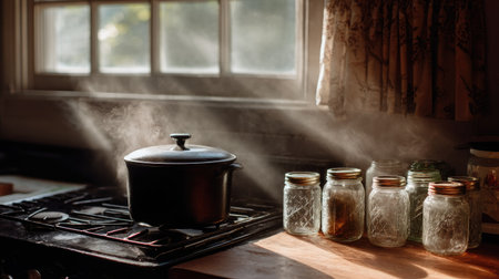 A black enamel pot on a vintage gas range, water boiling, steam gently fogging nearby glass jarsの素材