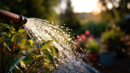 A close-up of a rubber hose spraying water on plants with droplets creating a refreshing mist, set against a sunny backyard backdropの素材