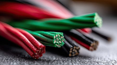 A close-up view of colorful electrical installation wires, including red, green, and black cables, laid out on a clean workspaceの素材