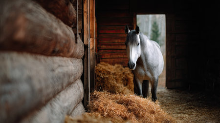 A dapple gray horse standing quietly in a vintage wooden stall, straw bedding beneath its hooves, serene and elegant atmosphereの素材