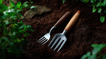 A gardening fork and shovel placed on top of nutrient-rich soil in a well-prepared garden bed, with fresh earth textures visibleの素材