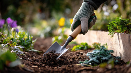 A gardener's hand holding a spade, with gardening gloves resting nearby, preparing rich soil for planting in a raised garden bedの素材