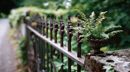 A decorative metal fence with vintage design elements, partially covered in greenery, adding a charming touch to a garden entranceの素材