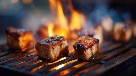 A hot grill with pork belly searing over flames, savory juices dripping onto the fireの素材