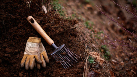A gardener's gloves and a rake resting on freshly tilled, rich soil, showing the texture of the earth and a peaceful outdoor sceneの素材