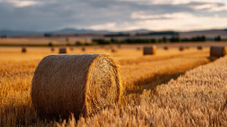 A golden wheat field during harvest time, scattered hay bales in the background under clear skiesの素材