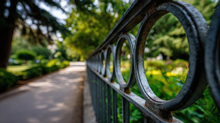A decorative metal fence with a unique circular pattern, leading to a beautiful garden with lush greenery in the backgroundの素材