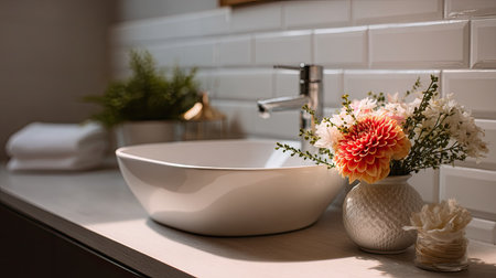 A delicate flower arrangement in a vase near a bathroom sink, with soft lighting highlighting the colors of the petals and the clean, modern design of the bathroomの素材
