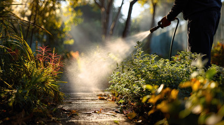 A gardener using a rubber watering hose to water plants in a backyard, with the spray creating a misty effect in the afternoon sunlightの素材