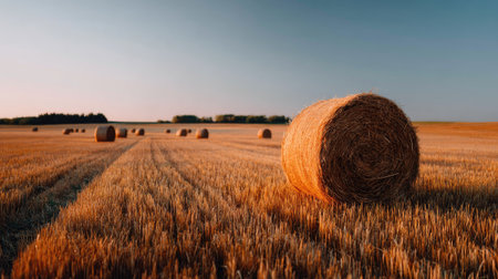A golden wheat field during harvest time, scattered hay bales in the background under clear skiesの素材
