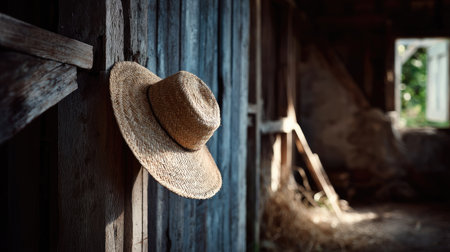 A farmer's straw hat hanging on a hook in a weathered old barn, rich with characterの素材