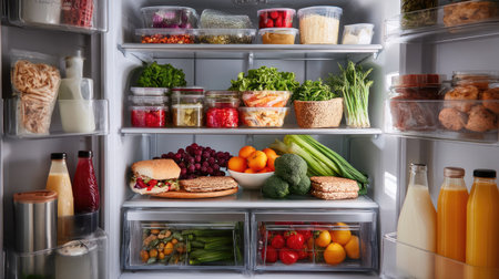A family-friendly refrigerator packed with lunch ingredients, snacks, and drinks, showing variety and balanceの素材