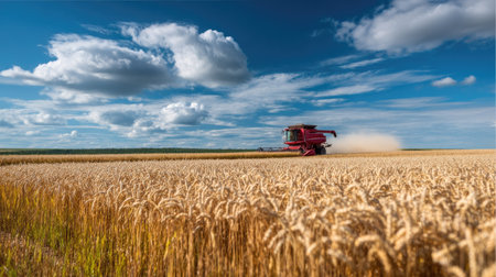 A combine harvester moving through a golden wheat field under a bright summer skyの素材