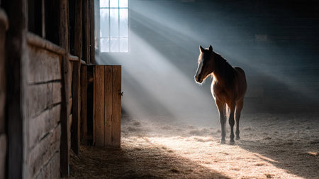 A dramatic side-lit scene of a horse standing still in its stall, rustic barn details in the backgroundの素材