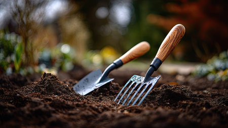 A close-up of a trowel and hand rake on moist, fertile soil in a garden, with the texture of the earth suggesting it's ready for plantingの素材