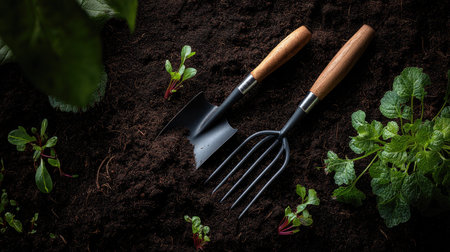A garden shovel and rake lying on rich, dark soil, surrounded by young plants, showing the tools in use on fertile groundの素材