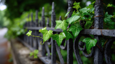A decorative wrought iron metal fence with elegant curves and designs, partially covered in green ivyの素材