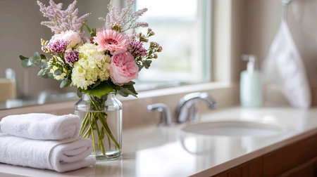 A delicate flower arrangement in a glass vase near the sink, surrounded by clean bathroom fixtures and fresh towels, giving a calm and welcoming feelの素材
