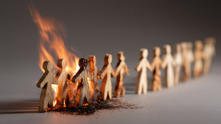 A group of wooden cutouts burning gradually from one end to the other, symbolizing a chain reaction in communicationの素材