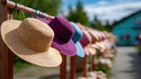 A row of straw hats displayed on hooks at a summer market stall, colorful and invitingの素材