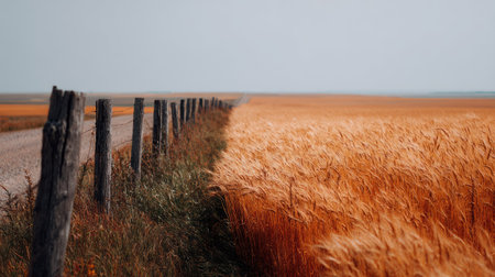 A scenic wheat field beside a country road, vintage fence running alongside, under a calm skyの素材