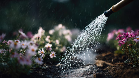 A rubber hose spraying water across a freshly planted flower garden, with droplets falling onto the delicate petalsの素材