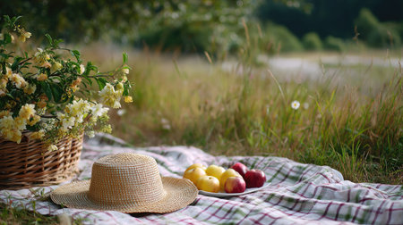 A picnic scene with a straw hat, fresh fruit, and a checkered blanket in a meadowの素材