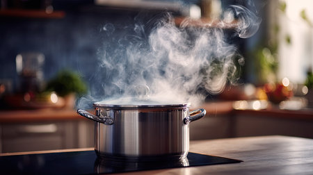 A stainless steel pot of water at full boil on a modern kitchen stovetop, steam rising in soft curls into the airの素材