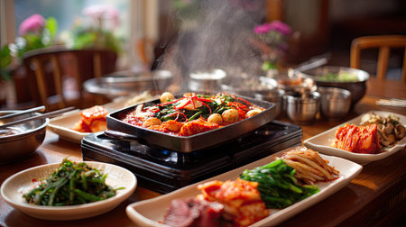 A restaurant table set with a Korean hot pot on a gas burner, surrounded by neatly plated vegetables and meatsの素材