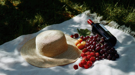 A straw hat perched on a picnic blanket, surrounded by fruit and wine on a sunny afternoonの素材