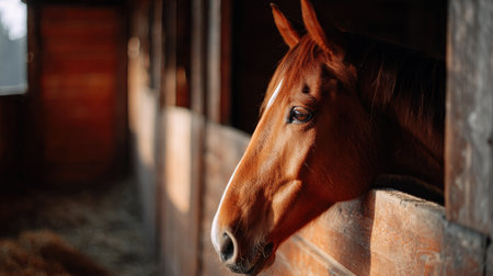 A richly detailed image of a horse behind a wooden stall door, sunlight reflecting off its smooth coatの素材