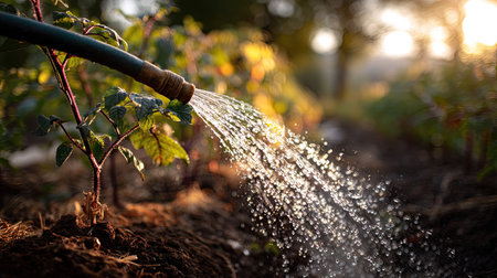 A rubber watering hose spraying water on a vegetable garden, with droplets falling onto the leaves and the sunlight casting a warm glowの素材