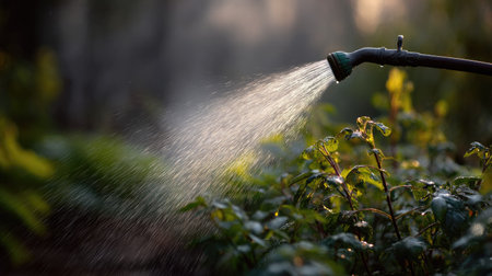 A rubber hose nozzle with water spraying over a garden, creating a refreshing spray of mist that nourishes the plantsの素材