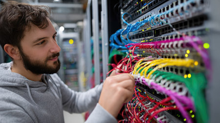 A technician working with a variety of colored electrical wires, connecting them to different ports and components in a computer installationの素材