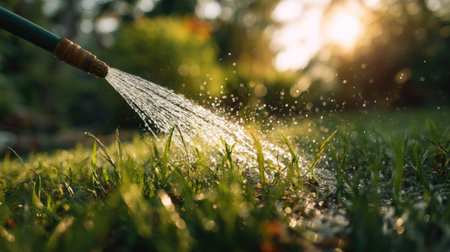 A rubber hose spraying water over freshly mowed grass, creating a refreshing shower in the yard under the warm sunの素材
