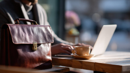 A professional businessman sitting at a cafe with a leather briefcase on the table, working on his laptopの素材