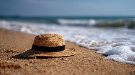 A straw hat with a black ribbon band lying in the sand at the beach, gentle waves in the backgroundの素材