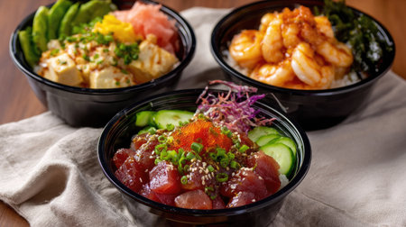A set of three poke bowls arranged for takeout, featuring tuna, tofu, and shrimp toppings, each with unique garnishesの素材