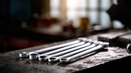 A stainless steel spanner set neatly arranged on a workshop table, highlighting the precision and durability of each toolの素材