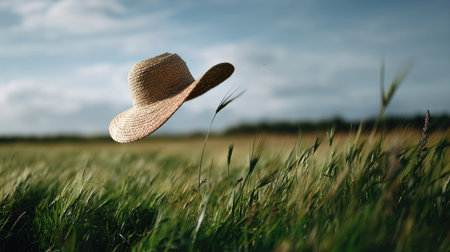 A straw hat caught in the breeze, mid-air above a field of tall green grassの素材
