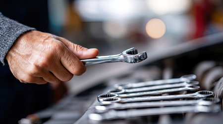 A professional mechanic using a stainless steel spanner from a set to repair a car engine, with focus on the tool in actionの素材