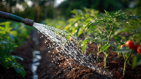 A rubber watering hose spraying water on a vegetable garden, creating small droplets on tomatoes, peppers, and other cropsの素材