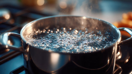 A pot of water heating up on a stovetop with visible rising bubbles, representing a calm start to cookingの素材