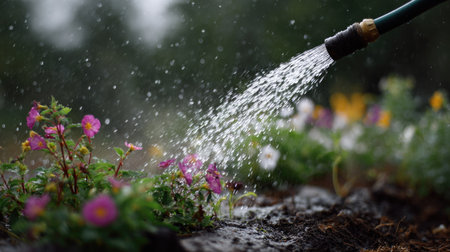 A rubber hose spraying water across a freshly planted flower garden, with droplets falling onto the delicate petalsの素材