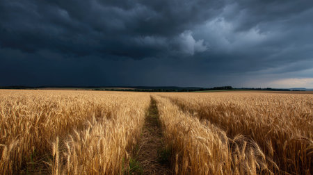 A storm approaching a golden wheat field, dramatic contrast between the calm crops and dark skyの素材