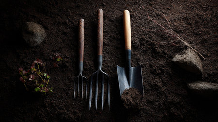 A top-down view of a well-used garden fork, rake, and shovel resting on dark, fertile soil, showing the texture of the earthの素材