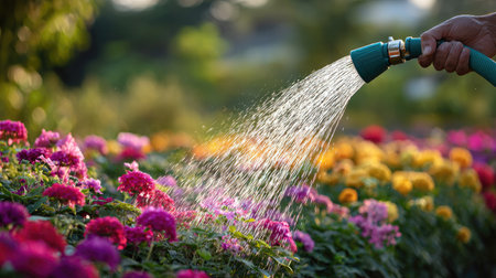 A rubber watering hose held by a gardener, spraying water on a flower garden in full bloom with vibrant colorsの素材